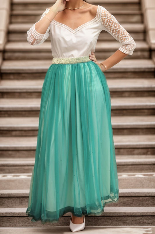 tulle top  tulle skirt women  tulle skirt long  tulle skirt  tulle  stylish  spring  special occasion.  special  skirt A line  skirt  midi skirt  maxi skirt  hijab  Green Muzdana Tulle Skirt  green  feminine  fashion  evining wear  emproidery  embroidery  elegant night  elegant  colourful  casual  palestinian  palestinian women  threads identity palestinian embroidery  arab women